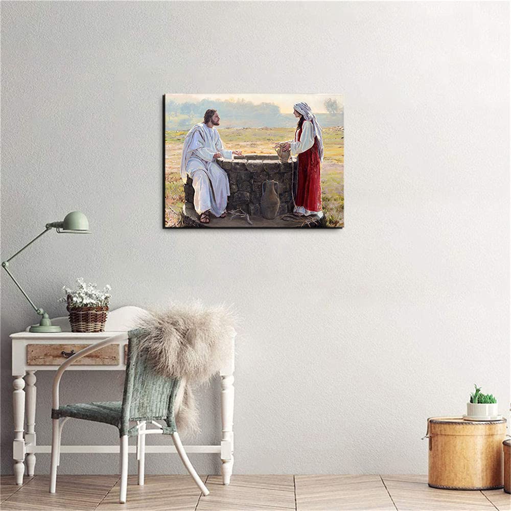 Jesus and Samaritan Woman At The Well Painting Canvas Wall Art Poster Picture Print Home Room Decor Mural -408 (8x10inch-NoFramed)