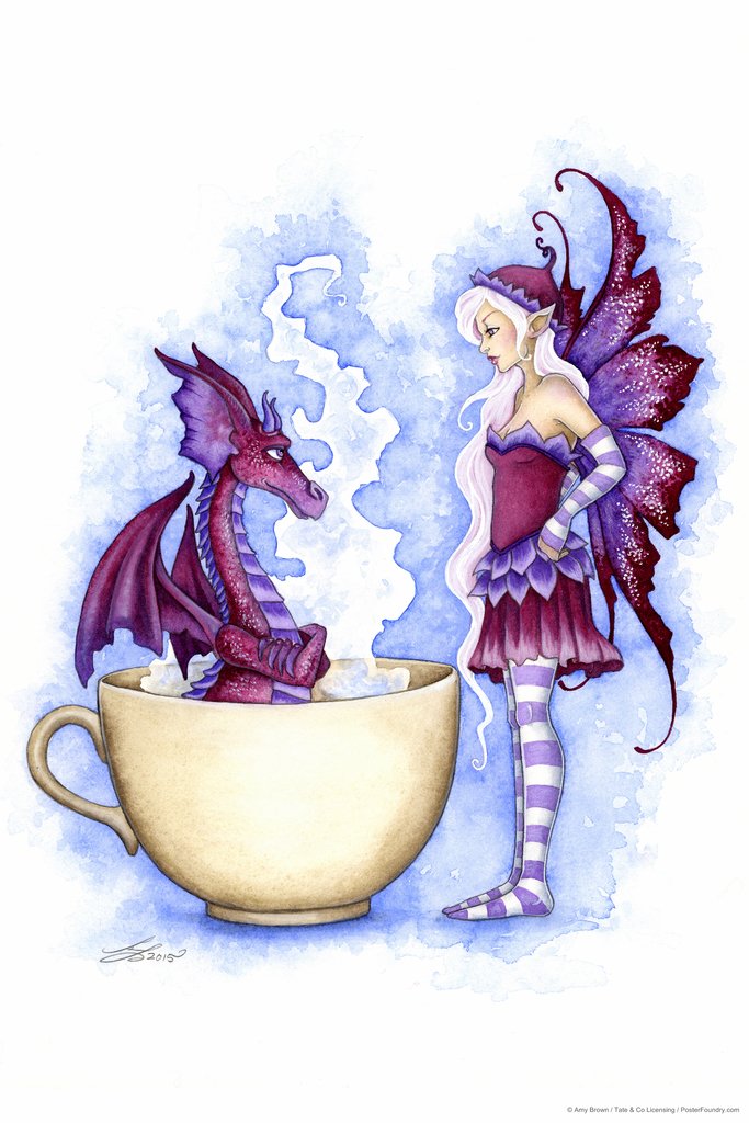 Get Out Of My Hot Tub Dragon In Cup With Fairy by Amy Brown Fantasy Poster Drawing Purple Dragon Hot Cup Coffee Tea Cool Wall Decor Art Print Poster 12x18