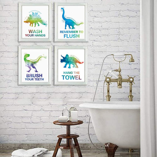 Mimeile Bathroom Wall Cute Dinosaur Art Prints Set of 4 (8”X10”), Watercolor Animal Art Posters Quotes Wash Flush Brush Bathroom Sign for Kid Boy Toddler Room Nursery Canvas Wall Decor, No Frame