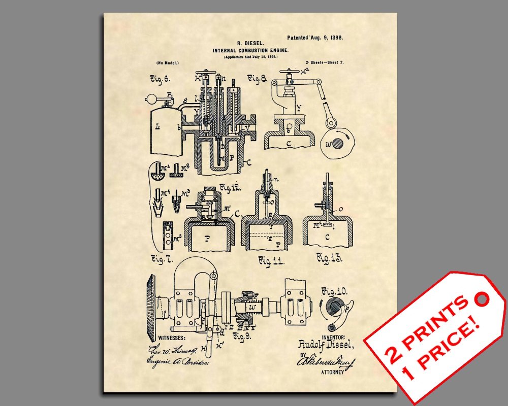 Patent Prints - 1898 Diesel Engine Patent Art - Patent Poster (8.5 x 11) - 140