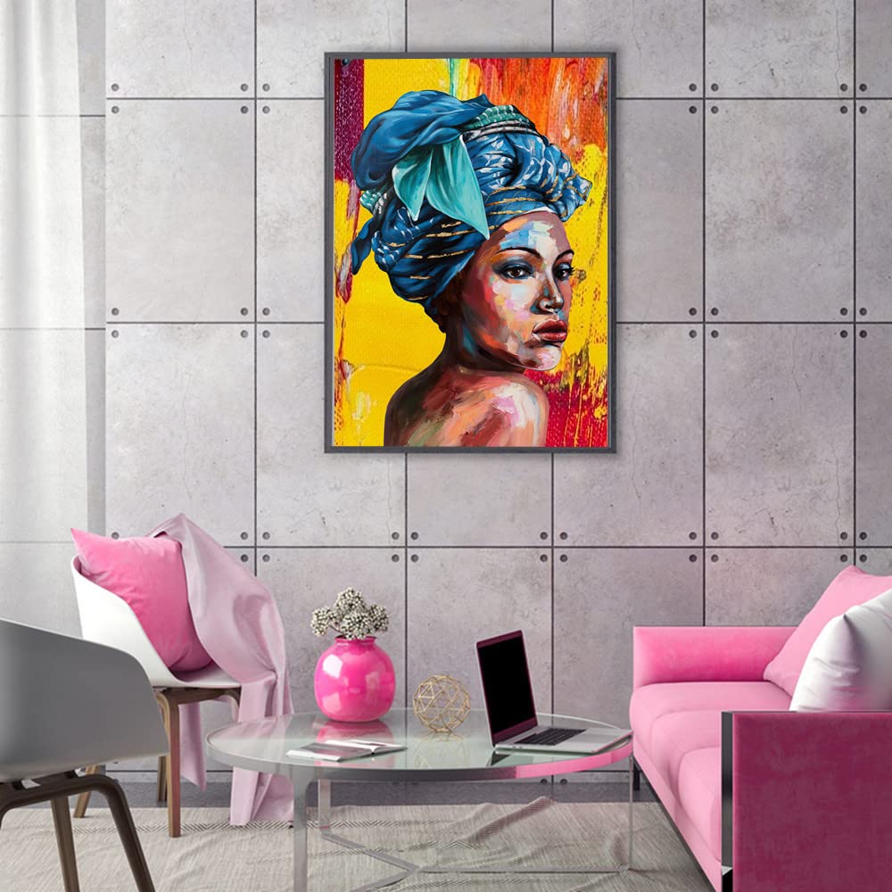 Black Woman Wall Art for Living Room African Canvas Painting Blue Turban Modern Girl Posters and Prints Wall Art Paintings for Wall Art Abstract Black Woman Portrait Wall Art African Girl Canvas