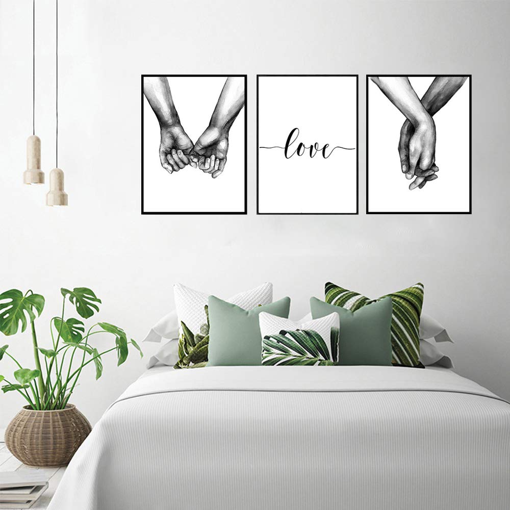 Love and Hand in Hand Poster Wall Decorative Art Canvas Print Poster for Home Living Room Bedroom Office Simple Fashion Black and White Sketch Art Line Drawing Decor Unframed 12" x 16" Set Of 3