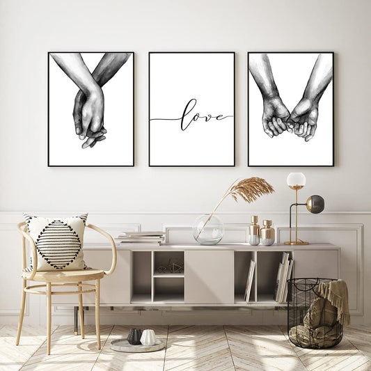 Kiddale Love and Hand in Hand Wall Art Canvas Print Poster,Simple Fashion Black and White Sketch Art Line Drawing Decor for Home Living Room Bedroom Office,Set of 3 Unframed, 12" x16