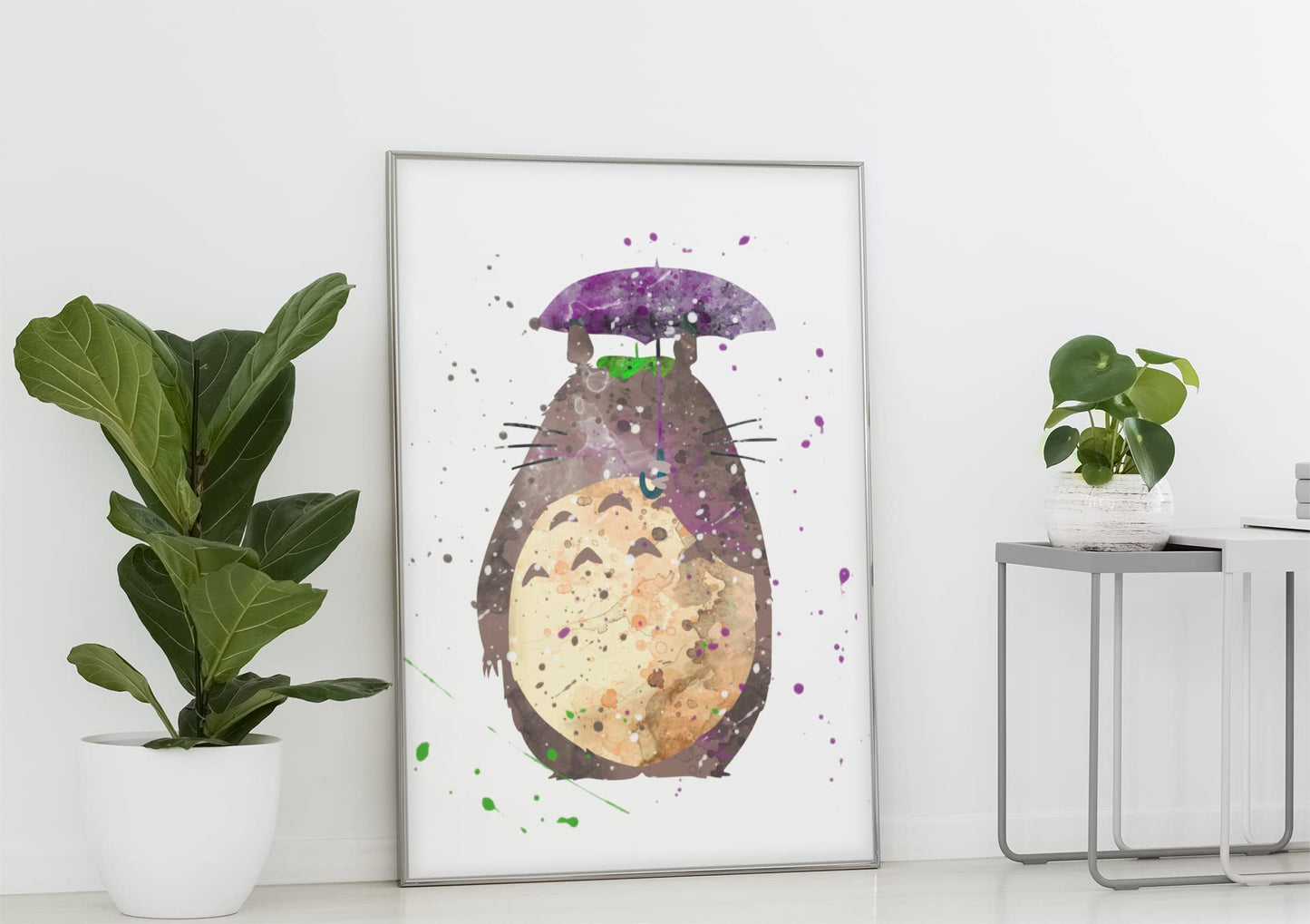 Totoro with Umbrella Prints, Anime Watercolor, Nursery Wall Poster, Holiday Gift, Kids and Children Artworks, Digital Illustration Art