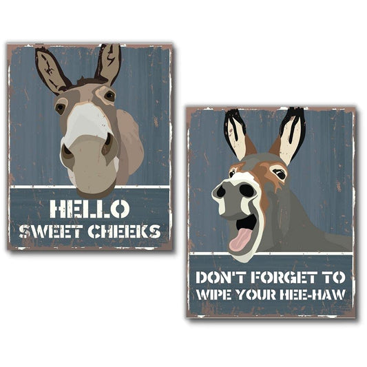 Donkey Decor | 8x10 Unframed Set of 2 Donkey Wall Art Prints | Hello Sweet Cheeks Bathroom Sign | Don't Forget to Wipe Your HeeHaw | Donkey Gifts | Donkey Poster Sign | Farm Bathroom Decor | Funny