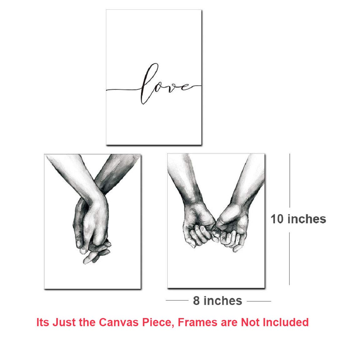 Love and Hand in Hand Wall Art Canvas Print Poster Black and White Sketch Art Line Drawing Decor for Living Room Bedroom (Set of 3 Unframed, 8x10 inches)