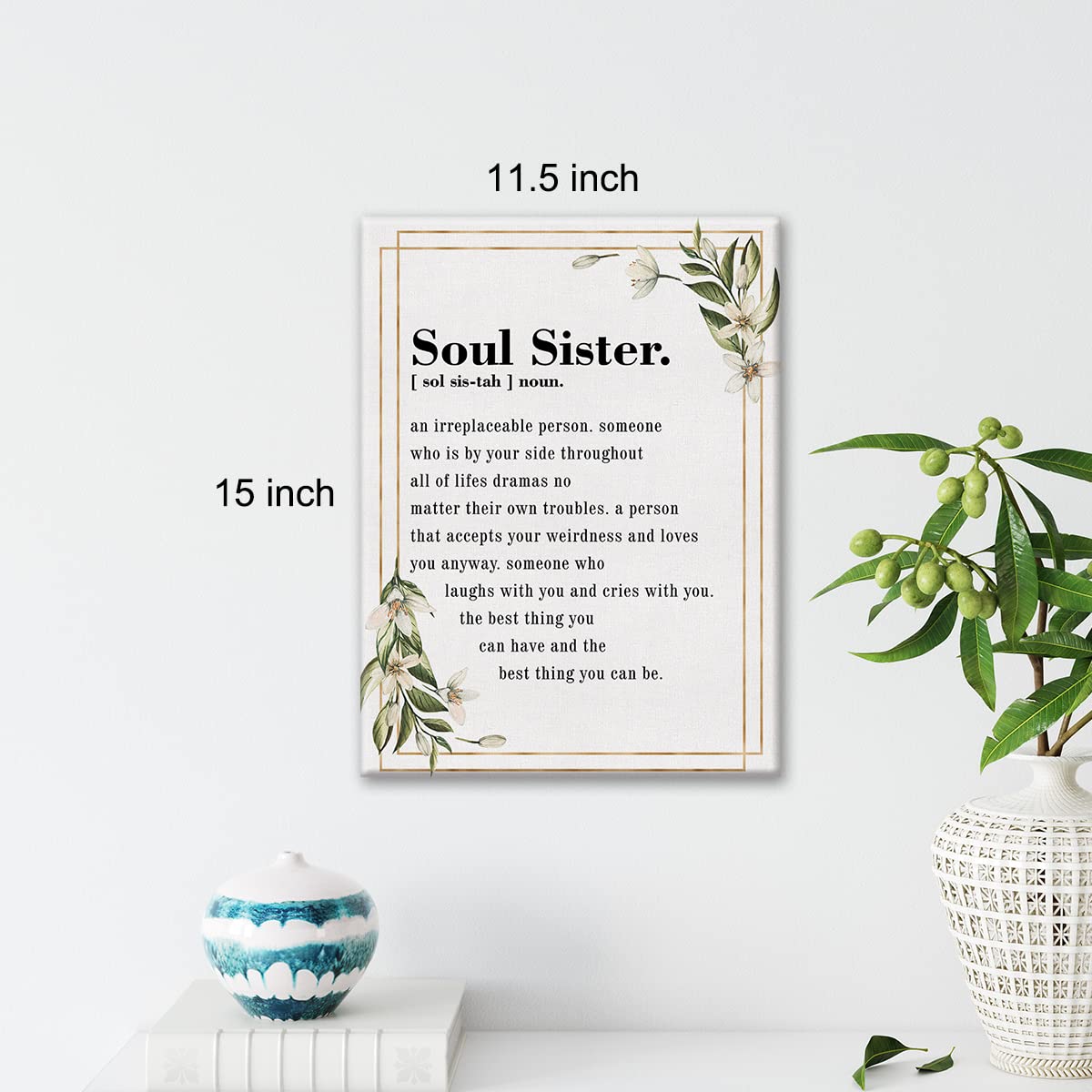 Soul Sister Definition Watercolor Canvas Print Decor an Irreplaceable Person Wall Painting Posters Artwork 11.5"x15" Gift for Home Office Decor (Wooden Framed)