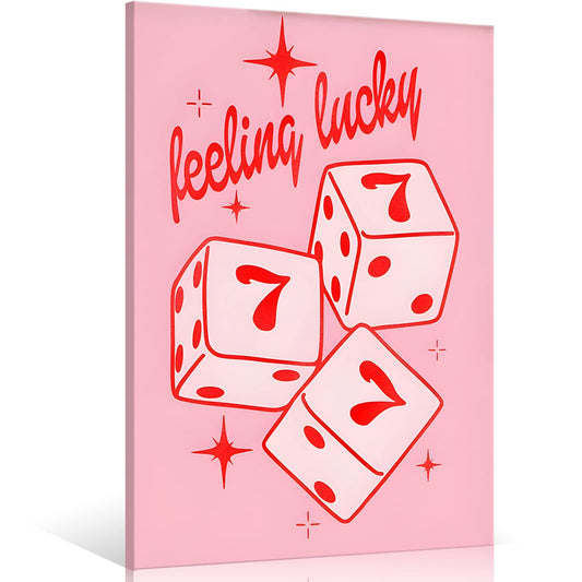 Cmoqtiv pink lucky Lucky number 7 dice aesthetic posters funny preppy playing card canvas wall art game room prints painting retro trendy modern wall decor for teen girl bedroom dorm 12x16in unframed