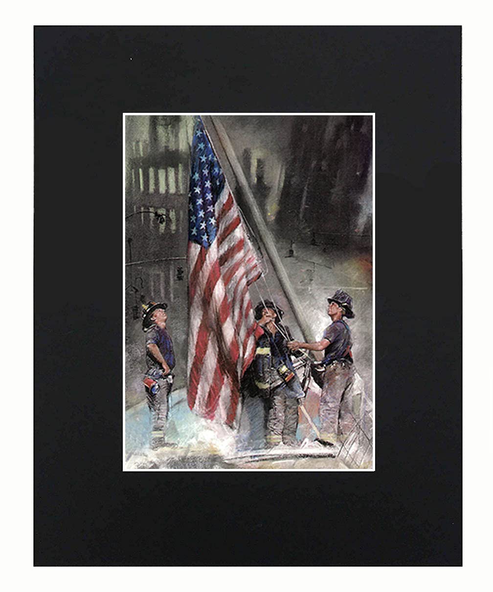 XQArtStudio, New York Firefighters Raising Flag 9/11 NYC Portrait Art Artworks Print Picture Photograph Mini Poster Gift Wall Decor Display Size with Matted 8x10, 8Inx10In