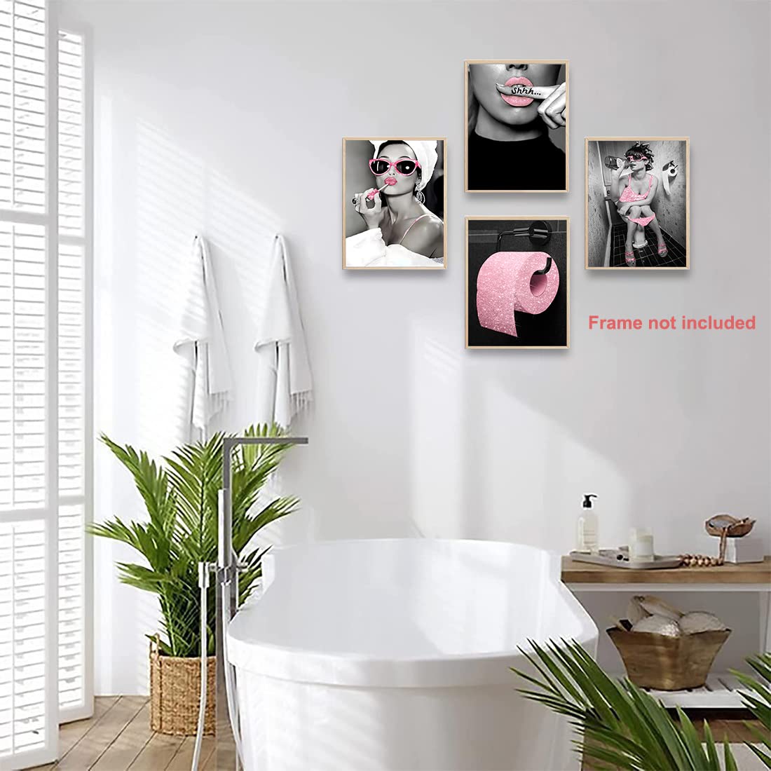 zaixko Bathroom Decor Fashion Women Canvas Prints Pink Wall Decor Black and Pink Pictures for Bathroom Glam Wall Art Canvas Posters Pink Bathroom Decor