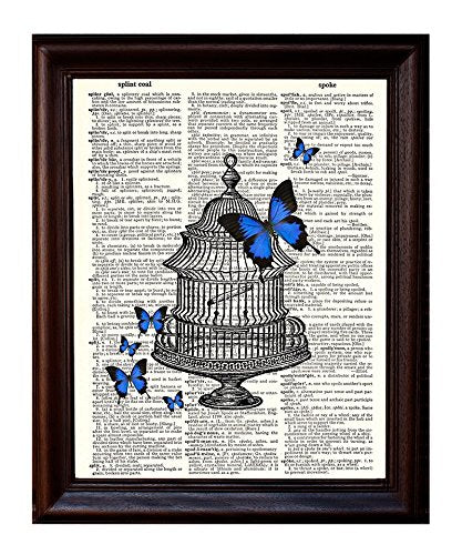 Dictionary Art Print - Be Free Butterflies in a Bird Cage- Printed on Recycled Vintage Dictionary Paper - 8.5"x11" - Mixed Media Poster on Vintage Dictionary Page