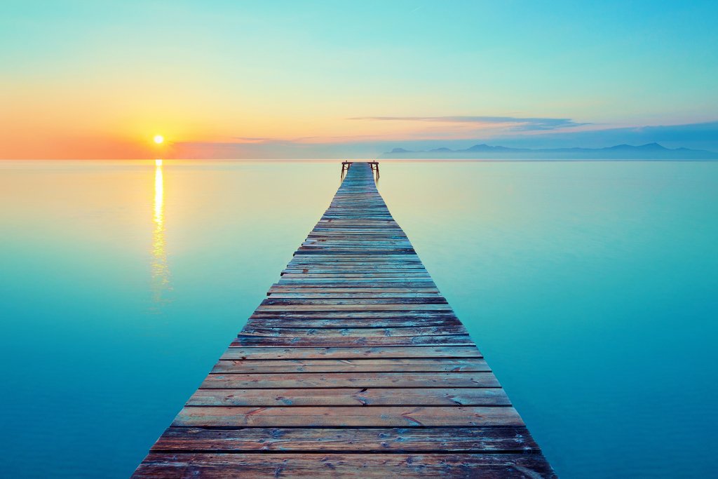 Peaceful Footbridge Long Pier Dock Over Water at Sunrise Photo Beach Sunset Palm Landscape Pictures Ocean Scenic Scenery Tropical Nature Photography Paradise Cool Wall Decor Art Print Poster 12x18