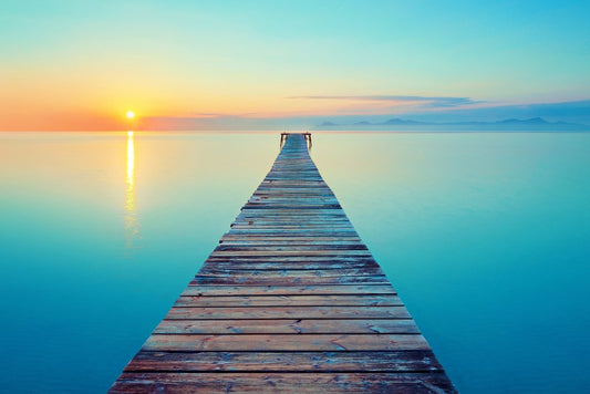 Peaceful Footbridge Long Pier Dock Over Water at Sunrise Photo Beach Sunset Palm Landscape Pictures Ocean Scenic Scenery Tropical Nature Photography Paradise Cool Wall Decor Art Print Poster 12x18
