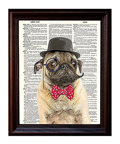 Dictionary Art Print - Sir Pug Moustache and Bow Tie- Printed on Recycled Vintage Dictionary Paper - 8"x11" - Mixed Media Poster on Vintage Dictionary Page