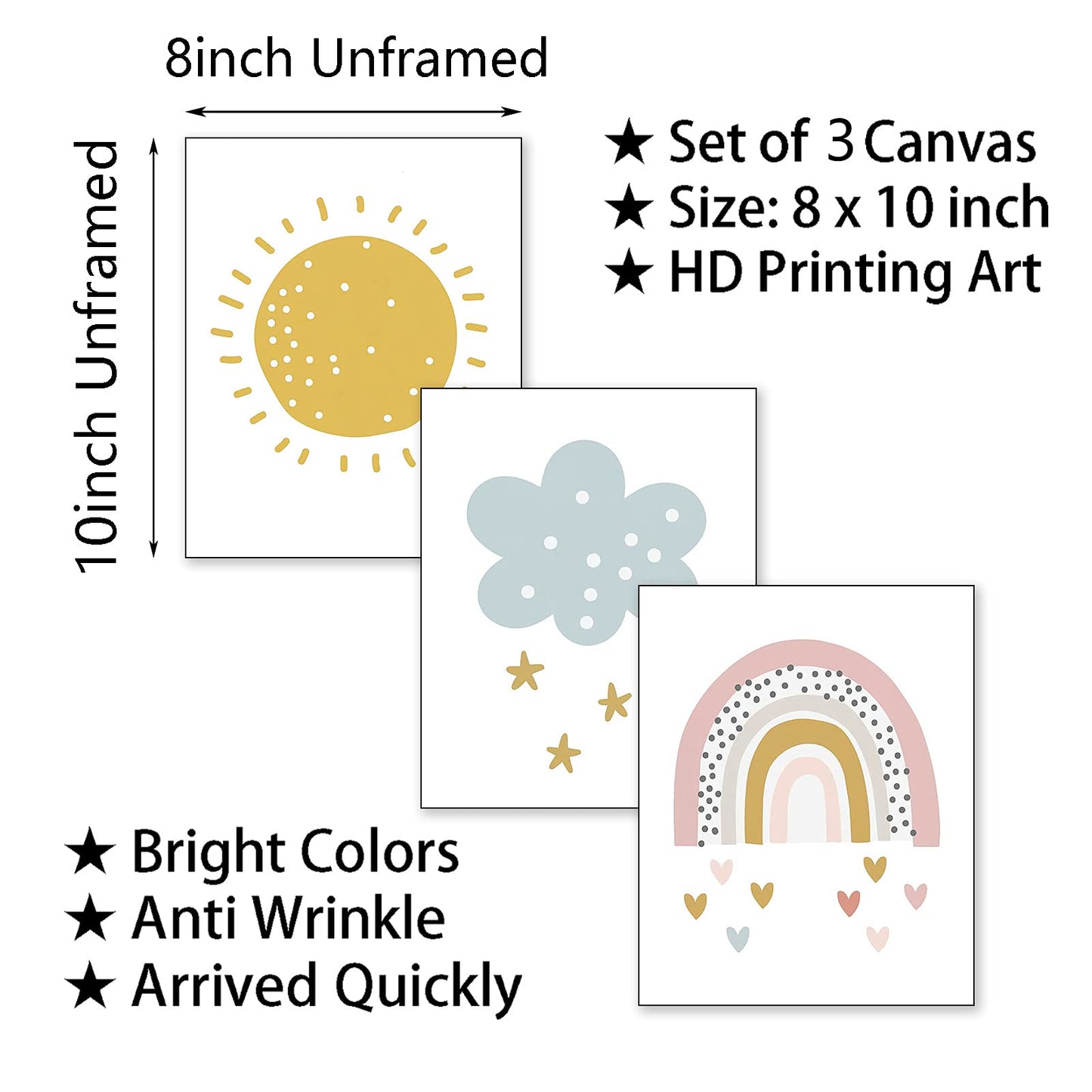Vlejoy Rainbow Canvas Painting Sunshine Wall Art Print and Cloud Posters Prints for Girls Room Decor Nursery Set of 3 (8x10inch ) No Frame, Love Rainbow, 8 x 10 Inch