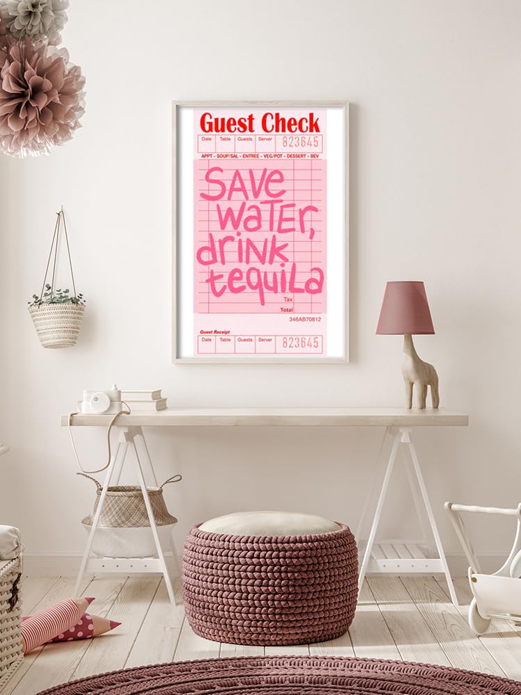 Oulores Funny Pink Guest Check Canvas Wall Art Preppy Funky Vintage Alcohol Posters for Room Aesthetic Retro Trendy Wall Decor Prints Artwork for Dorm Pub Bar Cart 12x16in Unframed
