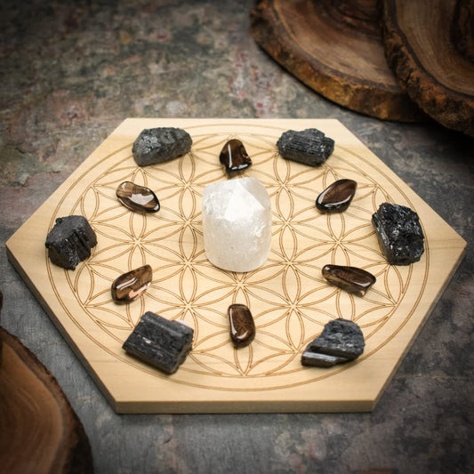 Home Protection Mini Crystal Grid Set with Selenite, Black Tourmaline, and Smoky Quartz