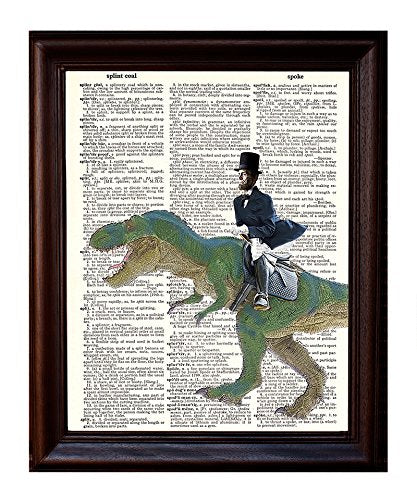 Fresh Prints of CT Dictionary Art Print - Lincoln Riding a Dinosaur - Printed on Recycled Vintage Dictionary Paper - 8.5"x11" - Mixed Media Poster on Vintage Dictionary Page