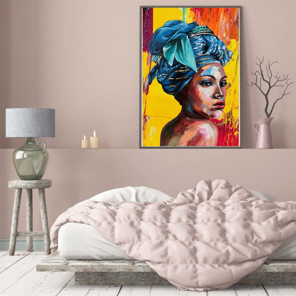 Black Woman Wall Art for Living Room African Canvas Painting Blue Turban Modern Girl Posters and Prints Wall Art Paintings for Wall Art Abstract Black Woman Portrait Wall Art African Girl Canvas