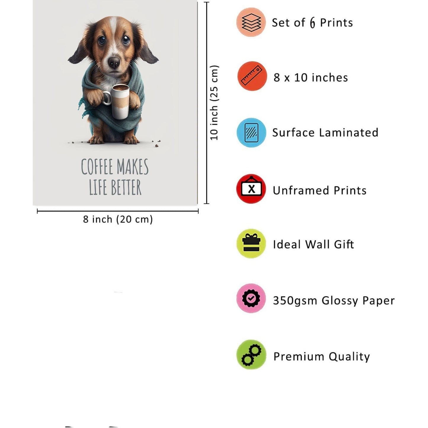 HT LIFE Funny Dog Decor Dog Lovers Wall Art Home Decor Poster Dog Wall Art-Set of 4 (8x10) Funny Animal Wall Art Posters - Cute Poster Funny Wall Art Dogs Who Love Coffee Unframed