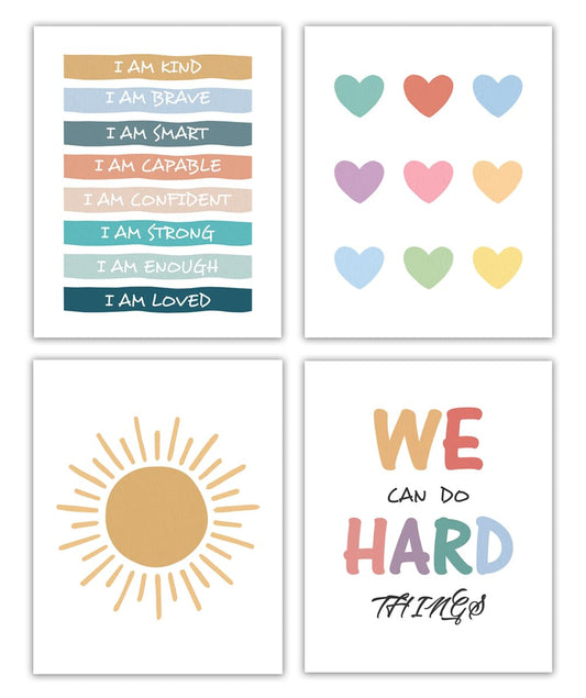 Affirmations Art Print,Colorful Sun Sunshine Hearts Poster,I am Kind Brave Smart Affirmations Wall Art,Boho Sunshine Hearts Decor Prints Wall Art,for Bedroom Room Nursery,Set of 4(8"X10"Unframed)