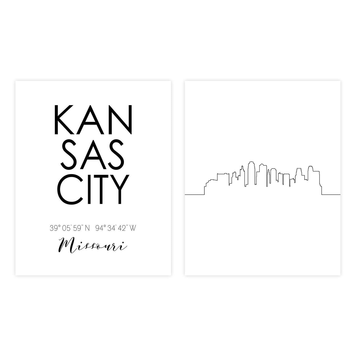 Kansas City Skyline Wall Décor Prints - Set of 2 (8x10) Art Photos - Typography Minimalist Poster