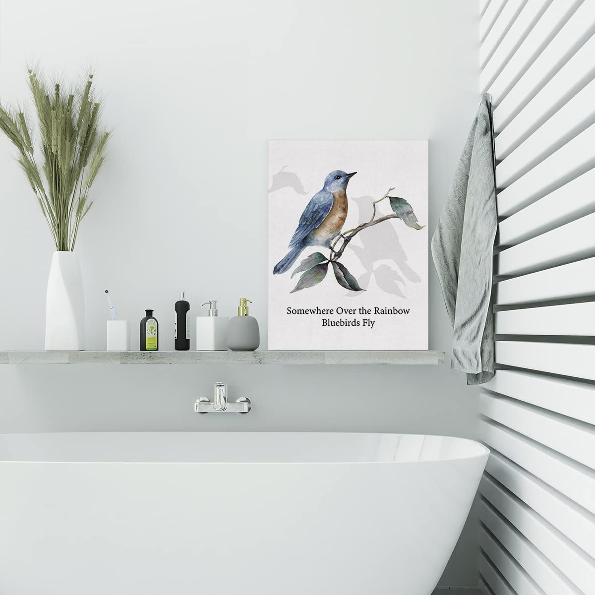 EVXID Inspirational Quote Somewhere Over the Rainbow Canvas Poster Painting Wall Art, Bluebirds Print Artwork Framed Ready to Hang for Home Office Decor 12 x 15 inch