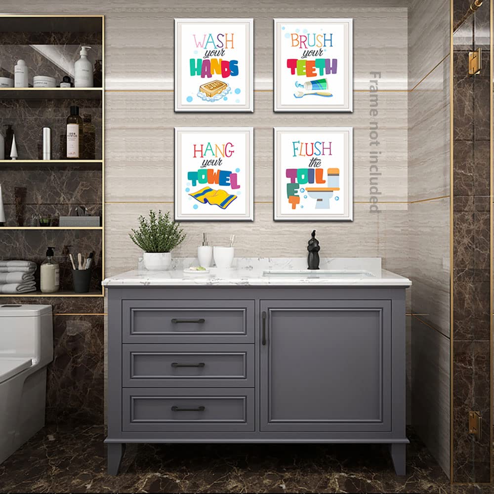 heshengzaixian Funny Kids Colorful Bathroom Quote Wall Art Prints, Kids Bathroom Décr Poster Picture Painting Set for Lavatory Toilet Restroom, Gift for Children,Set Of 4 (8”X10”) Unframed