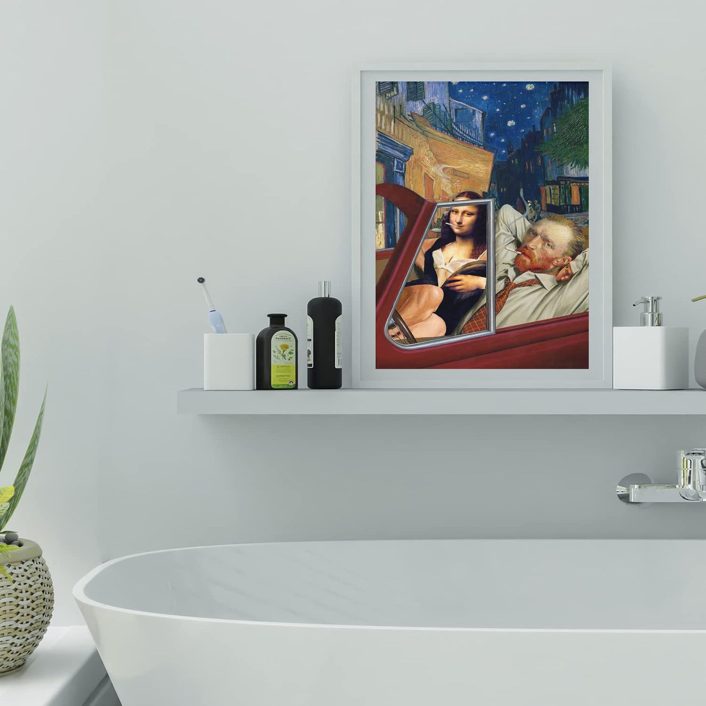 Van Gogh Starry Night Wall Decor - Mona Lisa Posters Wall Art - Funny Posters - Gag Gifts - Cool Edgy Poster - Van Gogh & Mona Lisa Driving Red Sports Car - Vintage Landscape Wall Art, 8x10" Unframed