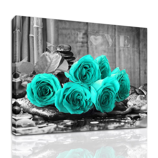 YMYXMC33 Teal Rose Flower Picture Decor Wall Art Canvas Print Black and White Poster Country Love Decoration Bedroom Kitchen Bathroom12x15