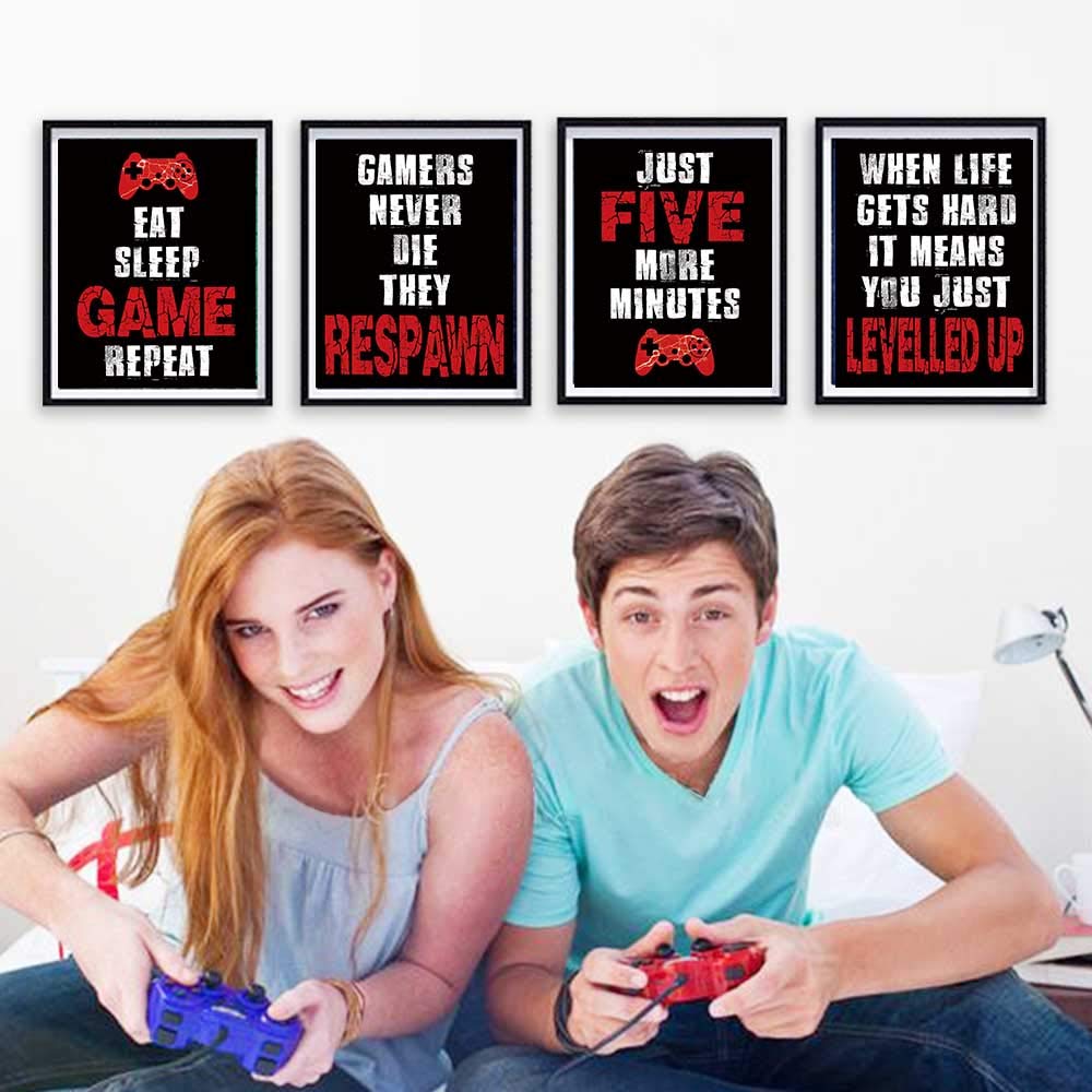 CHIEN-CHI LILI Four Blue Video Game Posters Set of 4 (8”X10”), Cool Video Game Themed Art Print Room Wall Decoration, Gamer Wall Art, Boys Bedroom, Gamer, Kids Room, Black, No Frames