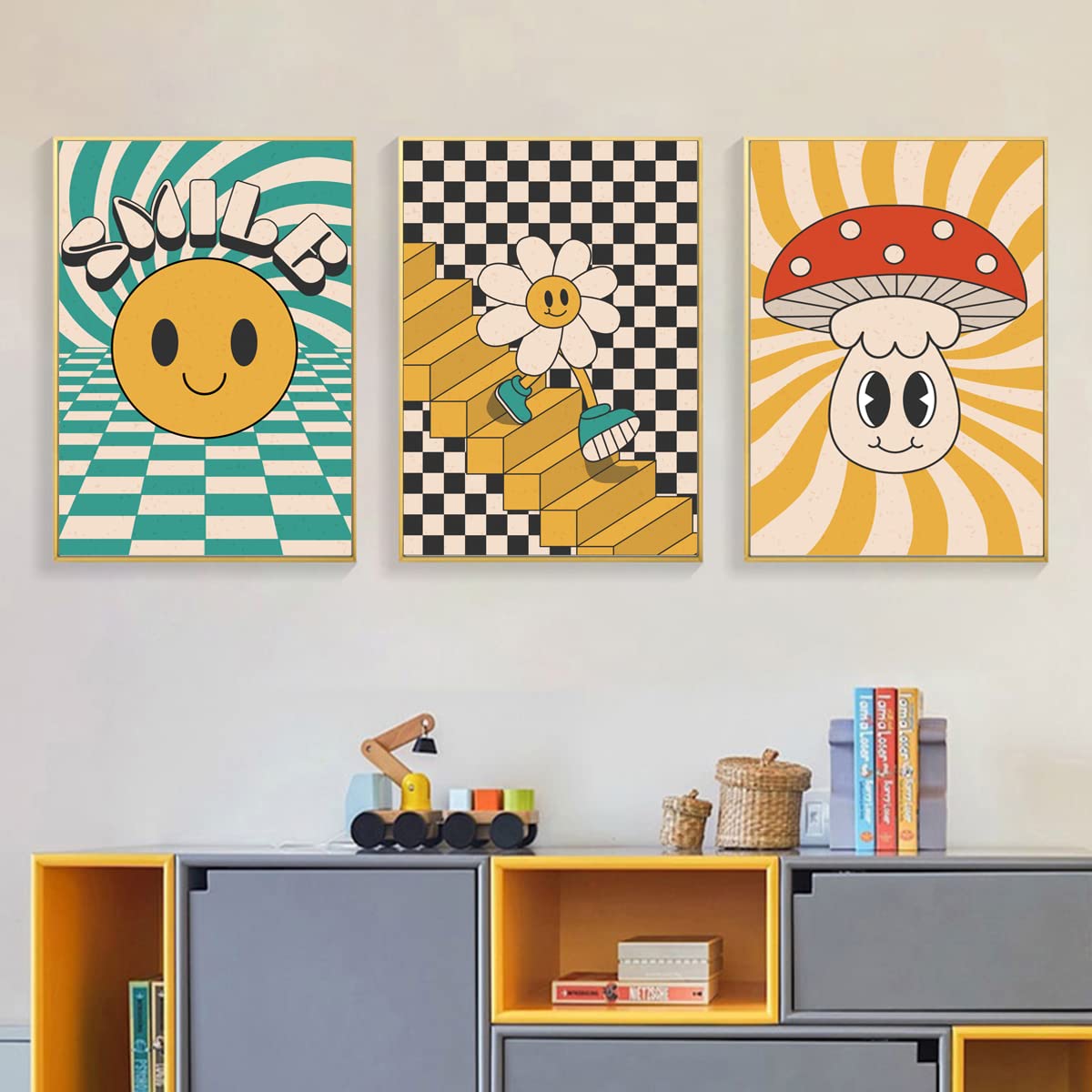 Hippie Wall Art Vintage Wall Decor Prints Hippie Flower Canvas 60s 70s Retro Posters Abstract Minimalist Happy Face Photos Boho Pictures for Living room Bedroom