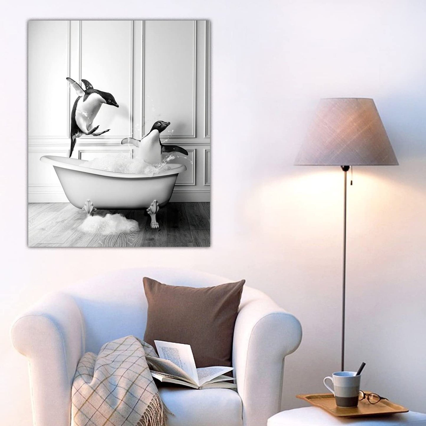 Penguin In Bathtub Canvas Wall Art - Bathroom Art Wall Decor - Animal Print Painting Picture - Black and White Artwork Poster No Frame (9x12in/23x30cm)