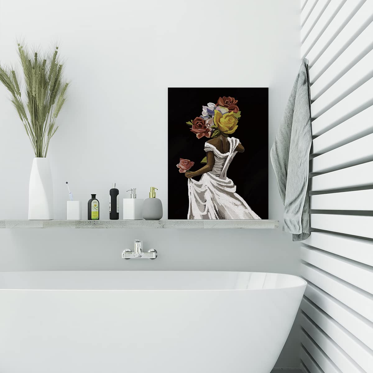 EVXID African American Canvas Poster Painting Wall Art, Floral Black Woman Girl Picture Print Artwork Framed Ready to Hang for Home Bedroom Decor 12 x 15 inch