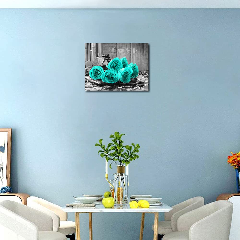 YMYXMC33 Teal Rose Flower Picture Decor Wall Art Canvas Print Black and White Poster Country Love Decoration Bedroom Kitchen Bathroom12x15