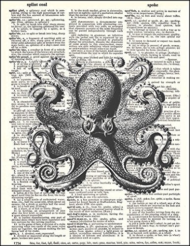 Fresh Prints of CT Dictionary Art Print - Octopus - Printed on Recycled Vintage Dictionary Paper - 8"x11" - Mixed Media Poster on Vintage Dictionary Page