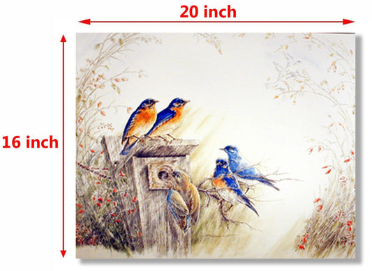 Bluebirds on Tree Feeder Bird Paintings Picture Wall Decor Art Print Poster (16x20)