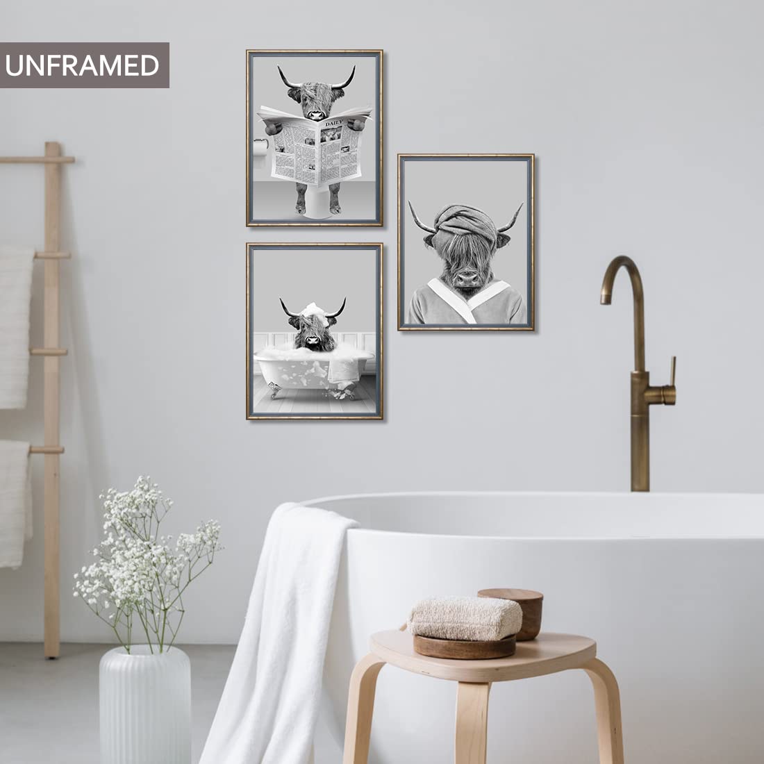 Gardenia Art Funny Bathroom Decor Prints Set of 3 Black and White Highland Cow Decor Reading Newspaper Take Bath Animal Poster Farmhouse Bathroom Restroom Decorations 8x10 UNFRAMED Housewarming Gift