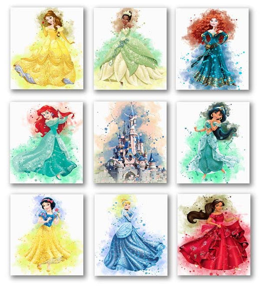 OrtixArt - Princess Wall Art - Princess Poster Watercolor Prints Set of 9 - Kids Room Princess Decorations - Gifts for Princess Fan Poster for Girls - Unframed (8x10) inch