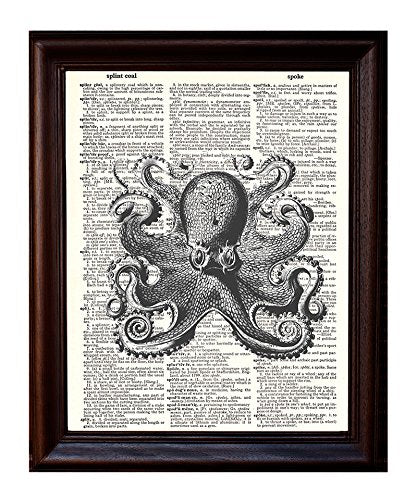 Fresh Prints of CT Dictionary Art Print - Octopus - Printed on Recycled Vintage Dictionary Paper - 8"x11" - Mixed Media Poster on Vintage Dictionary Page