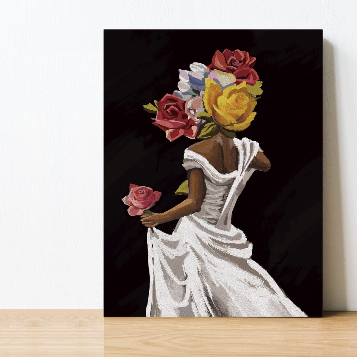 EVXID African American Canvas Poster Painting Wall Art, Floral Black Woman Girl Picture Print Artwork Framed Ready to Hang for Home Bedroom Decor 12 x 15 inch