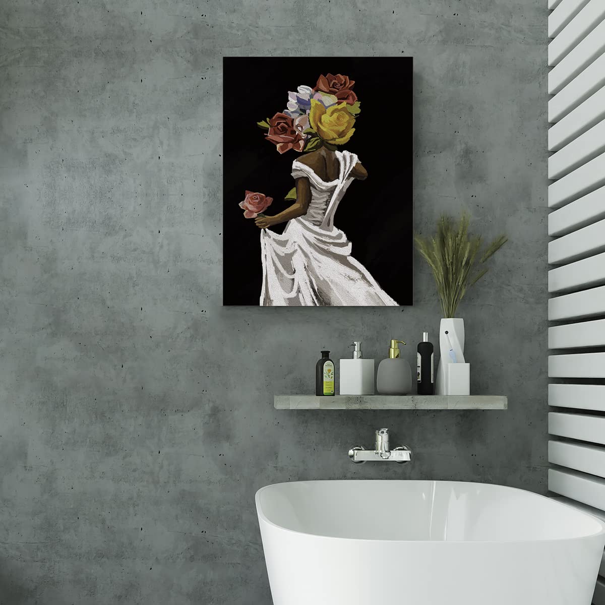 EVXID African American Canvas Poster Painting Wall Art, Floral Black Woman Girl Picture Print Artwork Framed Ready to Hang for Home Bedroom Decor 12 x 15 inch