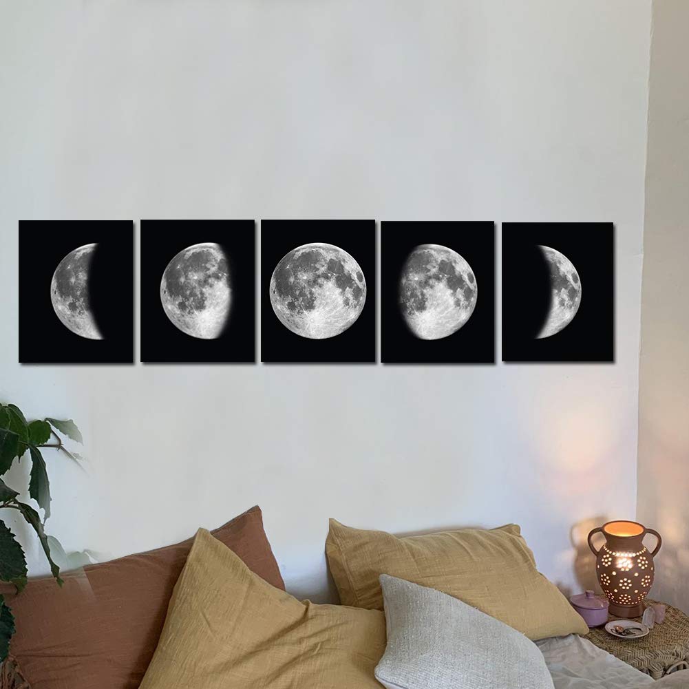 5 Pieces Moon Wall Decor - Black and White Canvas Print Artworks Lunar Moon Wall Art Abstract Prints Poster for Office Dorm Living Room Bedroom Decoration Unframed Paintings Home Decor