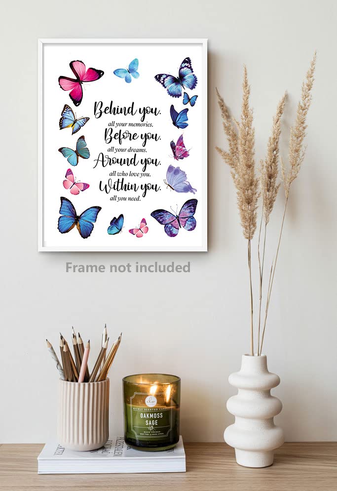 Butterfly Inspirational Quotes Wall Art Prints, Behind You All Your Memories Poster, Gtizry Graduation Gifts for Daughter, Birthday Inspirational Gifts for Women Girls Friends. Set 1 8x10in,No Fram