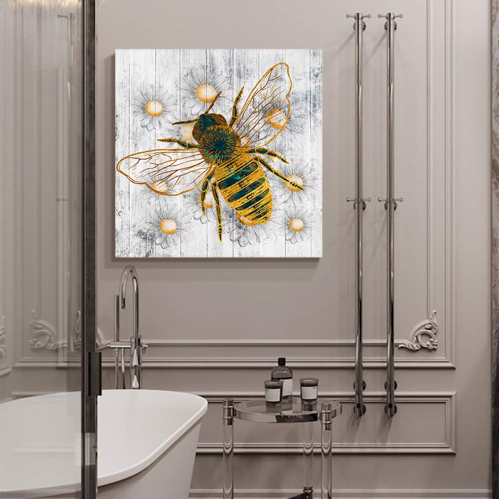 Spring Honey Bee Canvas Print Wall Art, Farm White Daisy Oil Painting Artwork Photo Poster, Blossoms Floral Animals Artworks for Living Room/Kitchen/Bedroom/Bathroom Wooden Framed Ready to Hang 8x8in