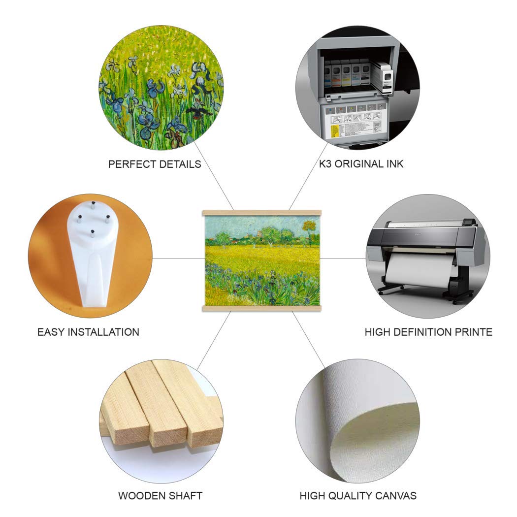 VanSP 8-32inch View of Arles with Irises in The Foreground Wall Art Van Gogh Oil Painting Poster Frame Hanger-Giclee Canvas Prints with Wooden Scroll 26x20in(67x50cm)