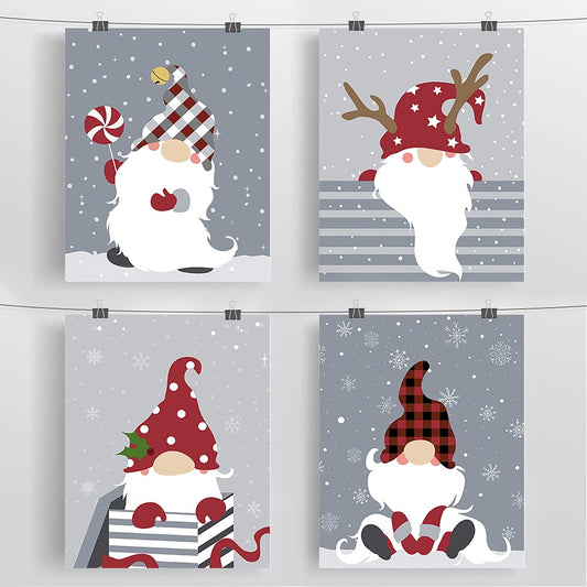 Slody Christmas Gnome Prints Cute Fairy in Red Hat Posters Snowflake Wall Art Decor Unframed Cartoon Pictures for Living Room Bedroom Home Decorative,8x10 inch Set of 4