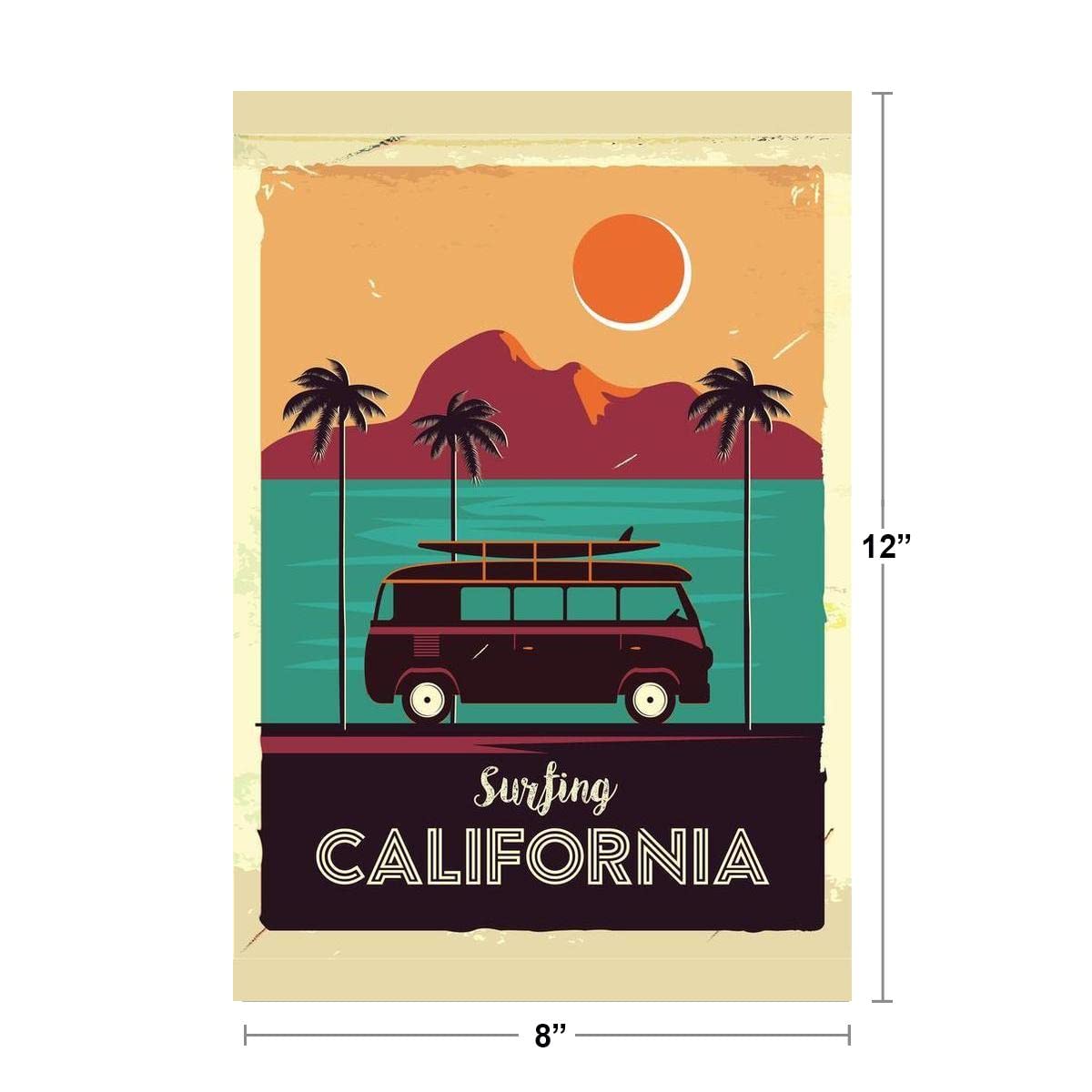 Surfing Poster California Coastline Van Surf Travel Beach Beachy Tropical Paradise Sea Art Graphic Sand Waves Vintage Retro Thick Paper Sign Print Picture 8x12