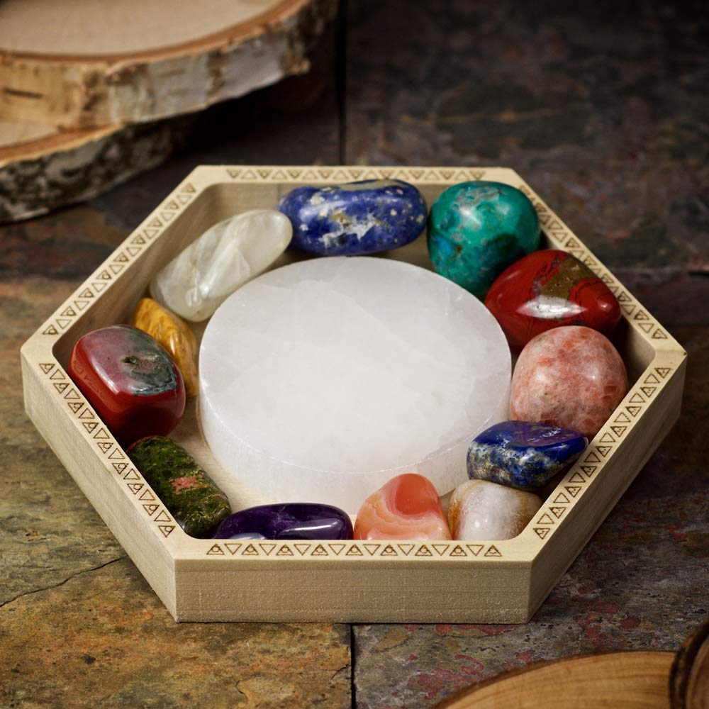 Handmade Selenite Circle Crystal Charging Tray made from Natural Poplar Wood