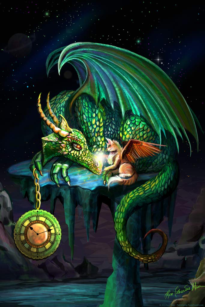 Green Time Dragon with Tabby Cat Friend by Rose Khan Fantasy Poster Magical Animals Cool Wall Decor Art Print Poster 12x18